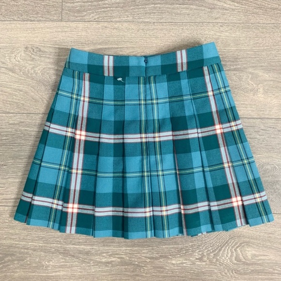 Aritzia Sunday Best Olive Mini Skirt Teal Plaid Pleated High Rise Waist Size 00 - Picture 5 of 6